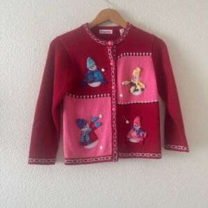 JUST FRIENDS RED EMBROIDERED 3D SNOWMAN CHRISTMAS CARDIGAN SWEATER